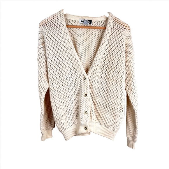 VTG 90s Cream Crochet Cardigan M Ivory Open Knit V Neck Button Up Granny Cottage - Picture 9 of 9